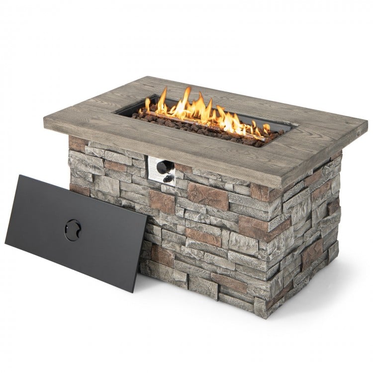 Stanford 43.5" Rectangular Grey Faux Stone LP Fire Table with Lava Rocks and Cover - 50,000 BTU - Seasonal Overstock