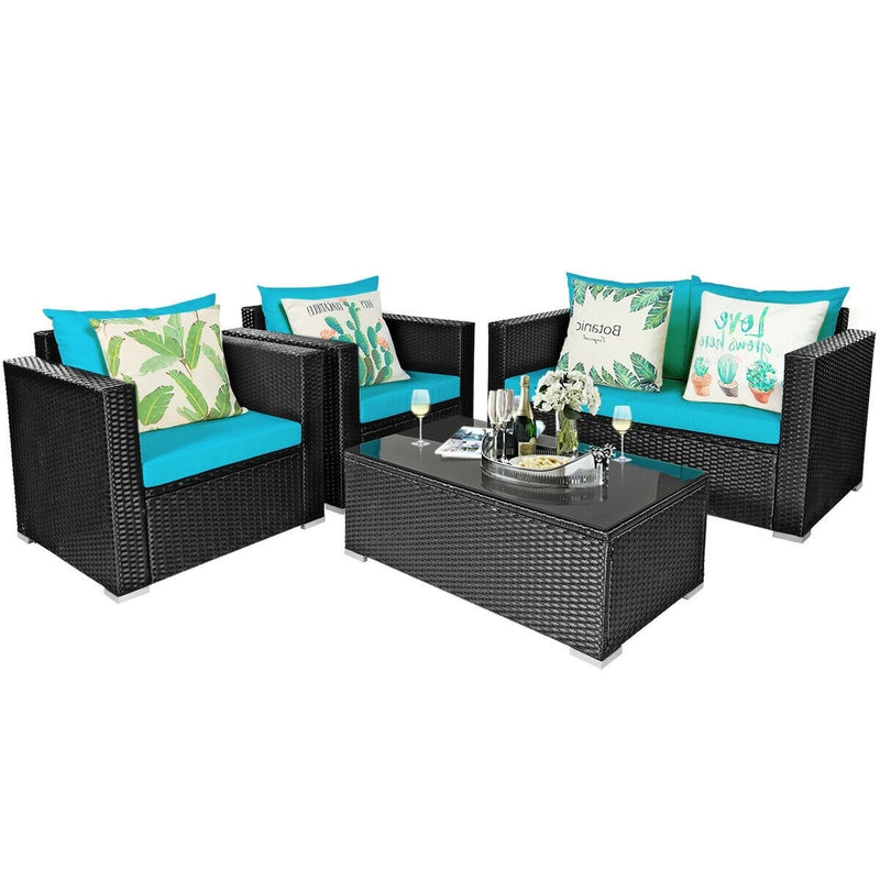 Madison 4pc Outdoor Rattan Patio Sofa Chair and Table Set - Turquoise - Seasonal Overstock