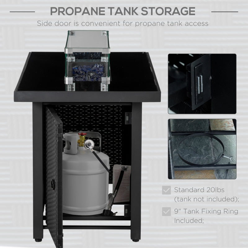 50,000 BTU Propane Fire Table Black Rattan with Glass Cover - Seasonal Overstock