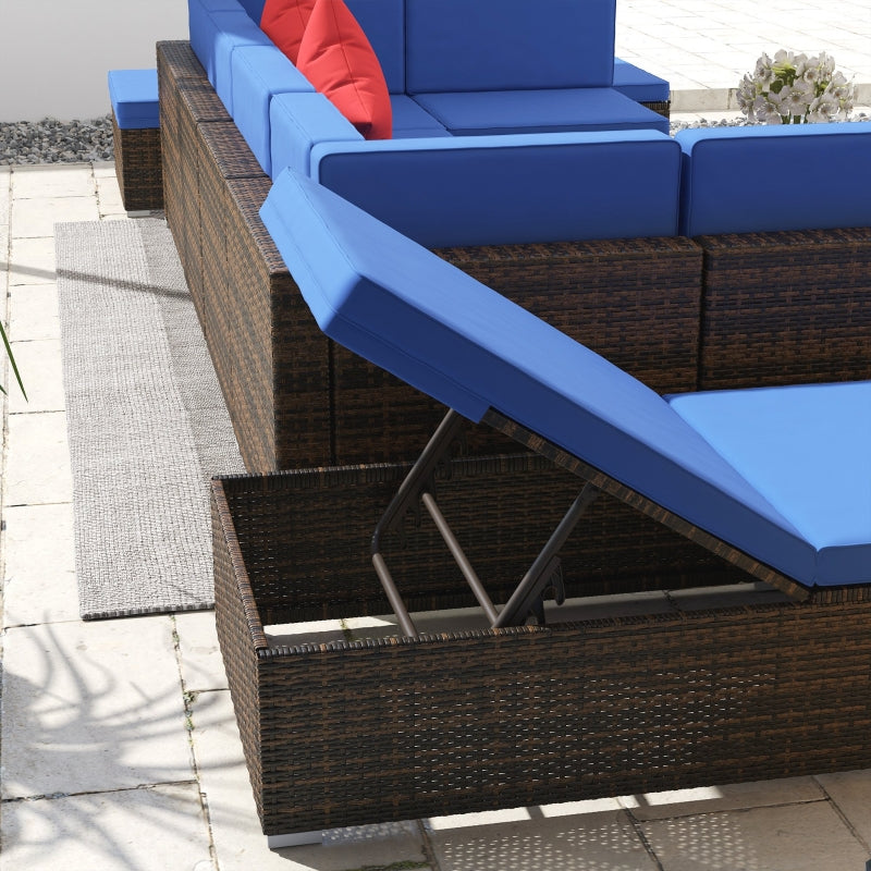 Placid Peak Modular Outdoor Patio Sectional Sofa, Loungers and Table 9pc Set - Navy Blue / Brown
