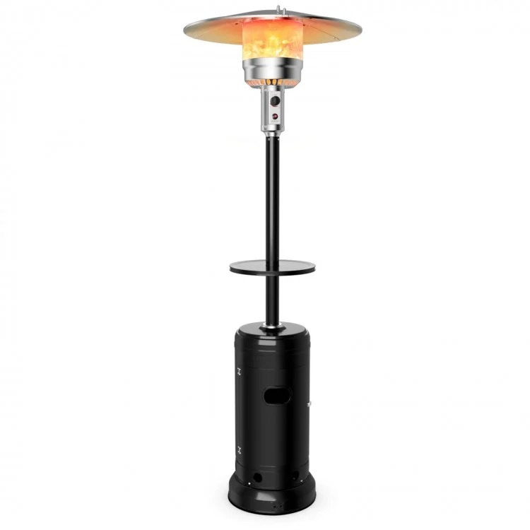 48,000 BTU Outdoor Standing Propane Patio Heater with Table and Wheels - Black - Seasonal Overstock