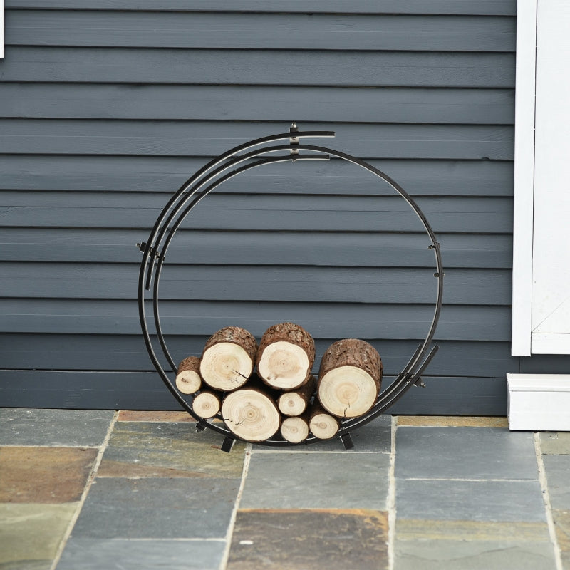 28" Black Round Firewood Display and Storage Rack Log Holder - Seasonal Overstock