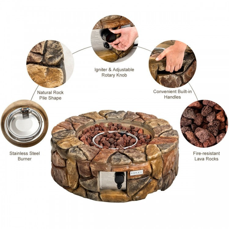 Faron 28" Round 40,000 BTU Faux Stone LP Fire Pit with Lava Rocks and Cover - Brown - Seasonal Overstock