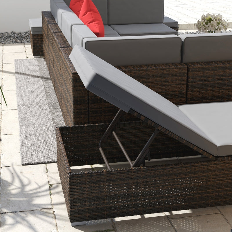 Placid Peak Modular Outdoor Patio Sectional Sofa, Loungers and Table 9pc Set - Light Grey / Mixed Brown