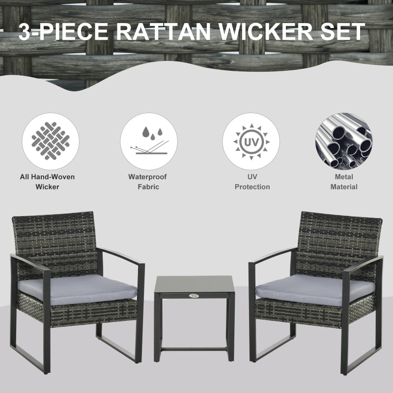 Ricardo 3pc Rattan Wicker Chair and Table Set - Grey - Seasonal Overstock