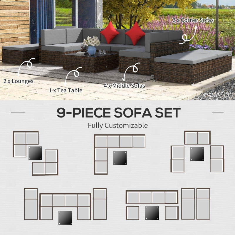 Placid Peak Modular Outdoor Patio Sectional Sofa, Loungers and Table 9pc Set - Light Grey / Mixed Brown