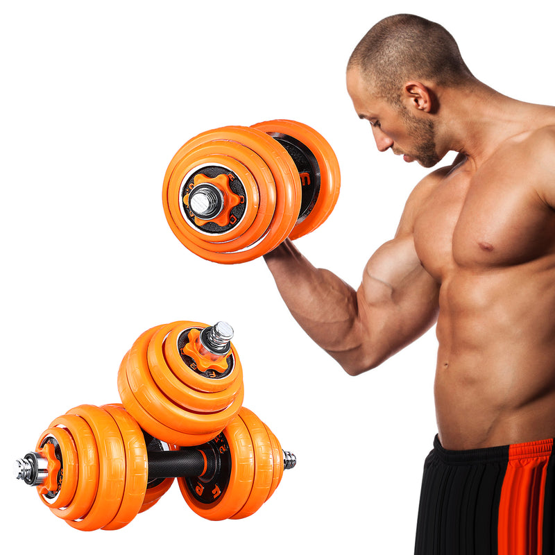 FED 3-in-1 Adjustable Cast Iron Dumbbell Set with Barbell Connector 30kg / 66lbs Orange - Seasonal Overstock