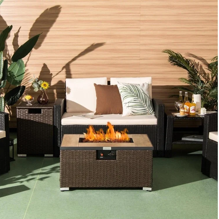 Theros Two Piece Brown Rattan Wicker 32" x 20" Fire Table Set with Cover - Seasonal Overstock